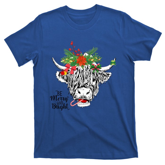 Be Merry And Bright Christmas Highland Cow Farming Farmer T-Shirt