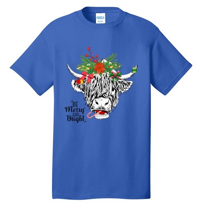 Be Merry And Bright Christmas Highland Cow Farming Farmer Tall T-Shirt