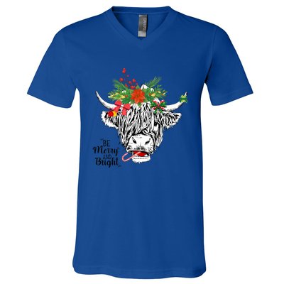 Be Merry And Bright Christmas Highland Cow Farming Farmer V-Neck T-Shirt