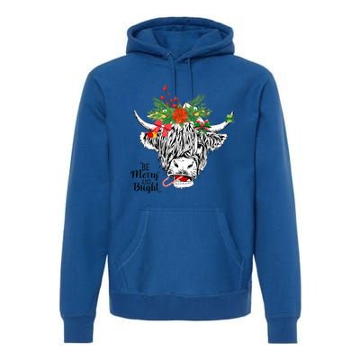 Be Merry And Bright Christmas Highland Cow Farming Farmer Premium Hoodie