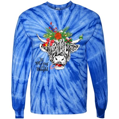 Be Merry And Bright Christmas Highland Cow Farming Farmer Tie-Dye Long Sleeve Shirt