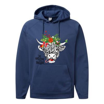 Be Merry And Bright Christmas Highland Cow Farming Farmer Performance Fleece Hoodie