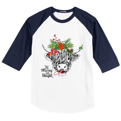 Be Merry And Bright Christmas Highland Cow Farming Farmer Baseball Sleeve Shirt