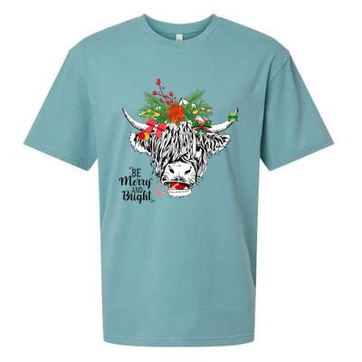 Be Merry And Bright Christmas Highland Cow Farming Farmer Sueded Cloud Jersey T-Shirt