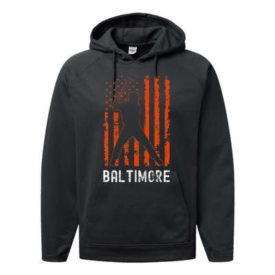 Baltimore Maryland American Flag Baseball Weathered Performance Fleece Hoodie