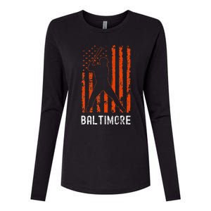 Baltimore Maryland American Flag Baseball Weathered Womens Cotton Relaxed Long Sleeve T-Shirt