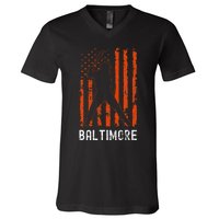 Baltimore Maryland American Flag Baseball Weathered V-Neck T-Shirt