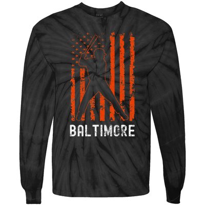 Baltimore Maryland American Flag Baseball Weathered Tie-Dye Long Sleeve Shirt