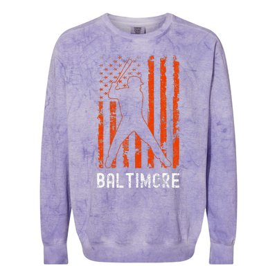 Baltimore Maryland American Flag Baseball Weathered Colorblast Crewneck Sweatshirt