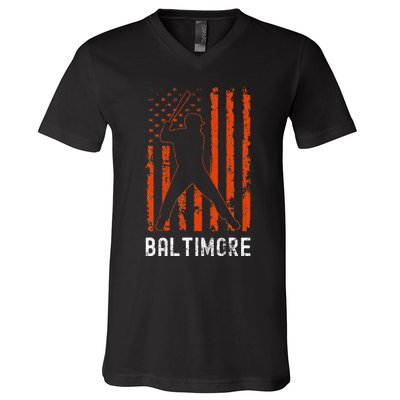 Baltimore Maryland American Flag Baseball Weathered V-Neck T-Shirt