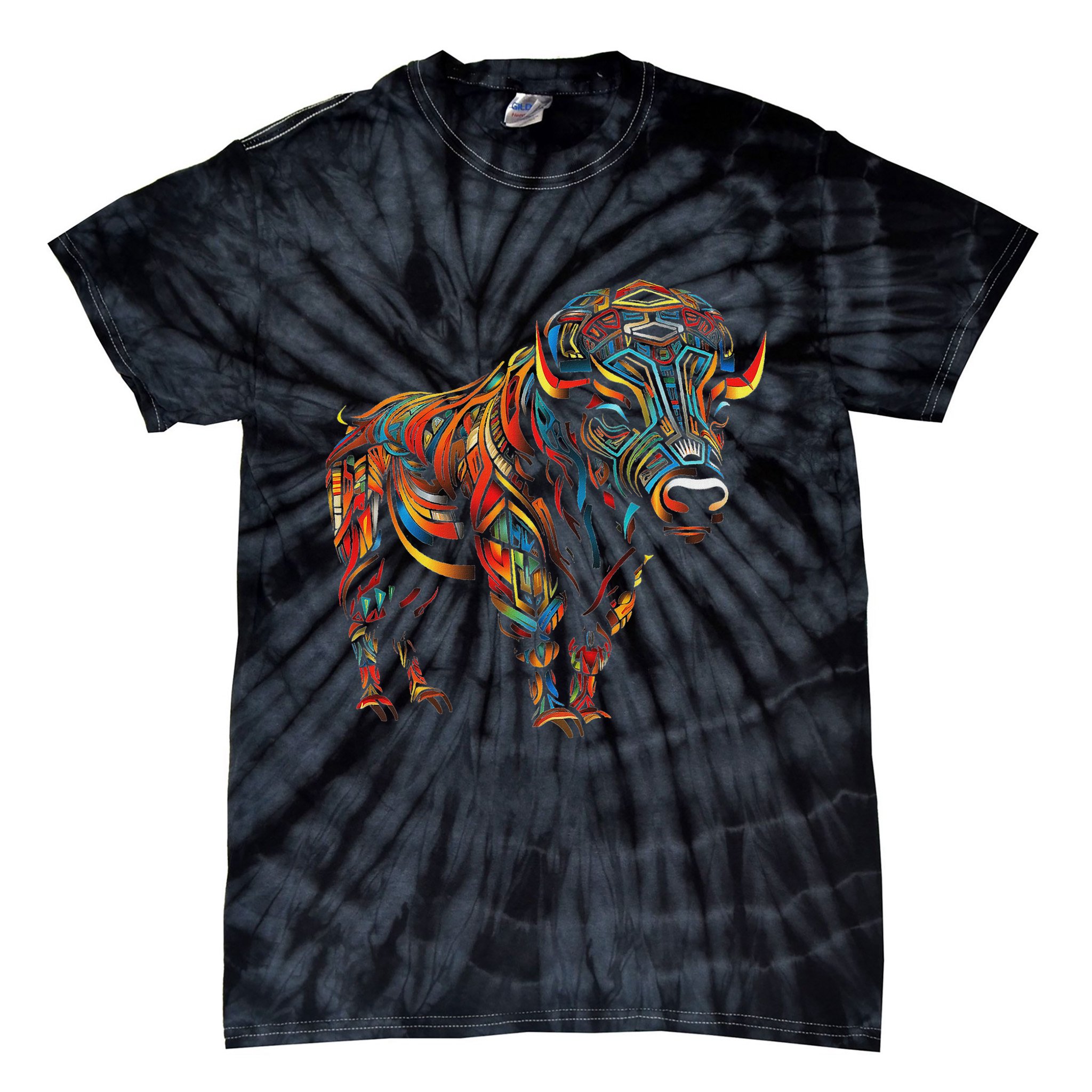 Bison Mandala Animal Motif Artwork Bison Tie-Dye T-Shirt