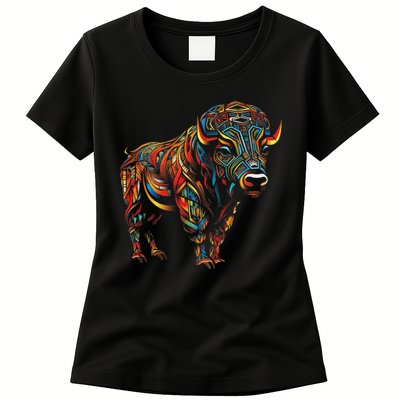 Bison Mandala Animal Motif Artwork Bison Womens T-Shirt