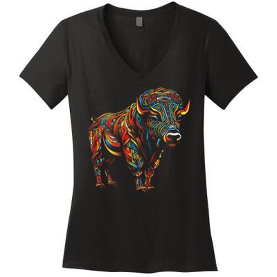 Bison Mandala Animal Motif Artwork Bison Women's V-Neck T-Shirt