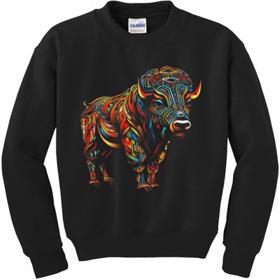 Bison Mandala Animal Motif Artwork Bison Kids Sweatshirt