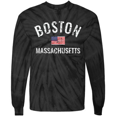 Boston Massachusetts American Flag Tie-Dye Long Sleeve Shirt