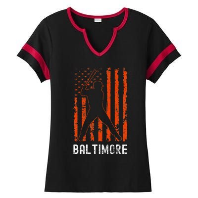 Baltimore Maryland American Flag Baseball Weathered Ladies Halftime Notch Neck Tee