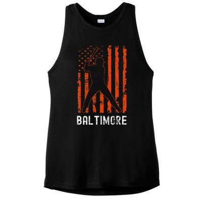 Baltimore Maryland American Flag Baseball Weathered Ladies PosiCharge Tri-Blend Wicking Tank