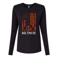 Baltimore Maryland American Flag Baseball Weathered Womens Cotton Relaxed Long Sleeve T-Shirt