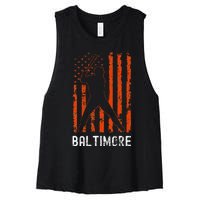 Baltimore Maryland American Flag Baseball Weathered Women's Racerback Cropped Tank