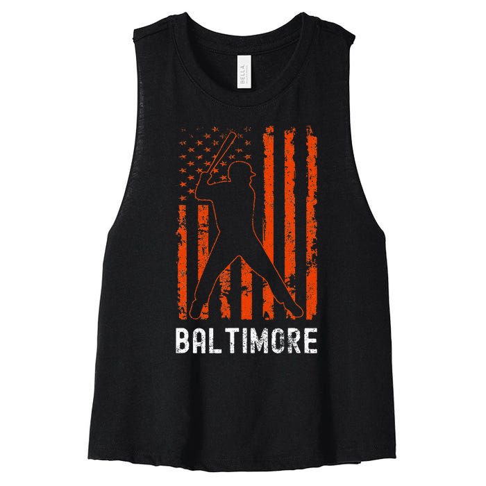 Baltimore Maryland American Flag Baseball Weathered Women's Racerback Cropped Tank