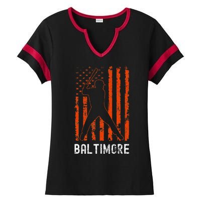 Baltimore Maryland American Flag Baseball Weathered Ladies Halftime Notch Neck Tee