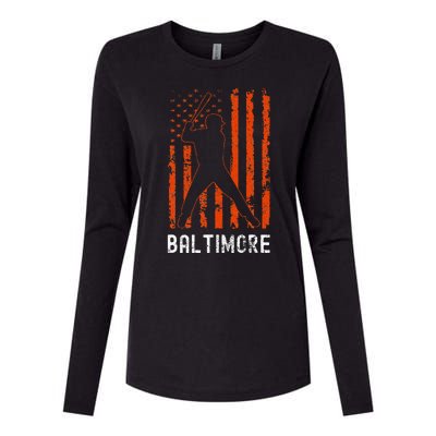 Baltimore Maryland American Flag Baseball Weathered Womens Cotton Relaxed Long Sleeve T-Shirt