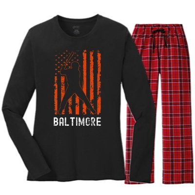 Baltimore Maryland American Flag Baseball Weathered Women's Long Sleeve Flannel Pajama Set 