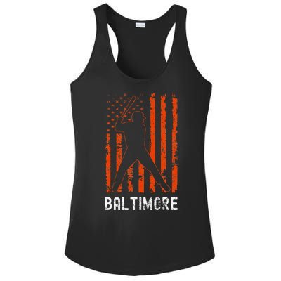 Baltimore Maryland American Flag Baseball Weathered Ladies PosiCharge Competitor Racerback Tank