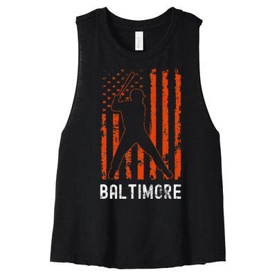 Baltimore Maryland American Flag Baseball Weathered Women's Racerback Cropped Tank