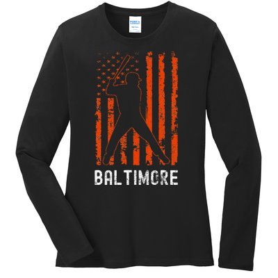 Baltimore Maryland American Flag Baseball Weathered Ladies Long Sleeve Shirt