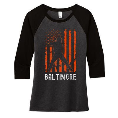 Baltimore Maryland American Flag Baseball Weathered Women's Tri-Blend 3/4-Sleeve Raglan Shirt