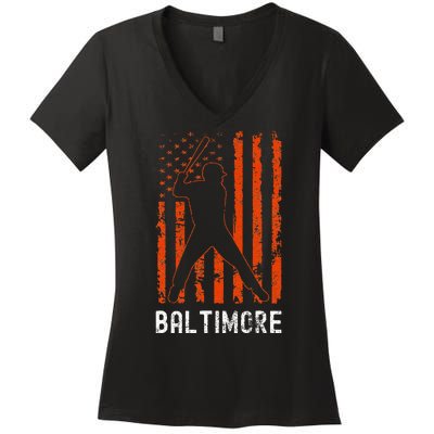 Baltimore Maryland American Flag Baseball Weathered Women's V-Neck T-Shirt