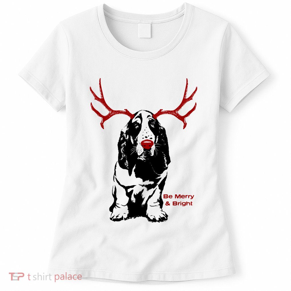 Be Merry And Bright Basset Hound Dog Christmas Womens T-Shirt