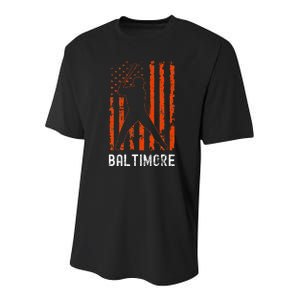 Baltimore Maryland American Flag Baseball Weathered Youth Performance Sprint T-Shirt