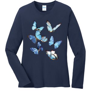 Blue Morpho Butterfly Swarm Lepidoptera Entomology Ladies Long Sleeve Shirt