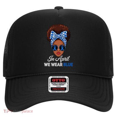 Blue Messy Bun Black Women Child Abuse Prevention Awareness High Crown Mesh Back Trucker Hat