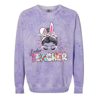 Bunny Messy Bun Easter Teacher Easter Day Girl Wo Colorblast Crewneck Sweatshirt