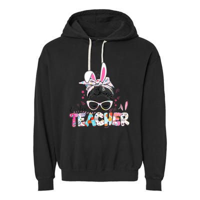 Bunny Messy Bun Easter Teacher Easter Day Girl Wo Garment-Dyed Fleece Hoodie