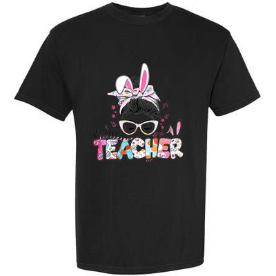 Bunny Messy Bun Easter Teacher Easter Day Girl Wo Garment-Dyed Heavyweight T-Shirt