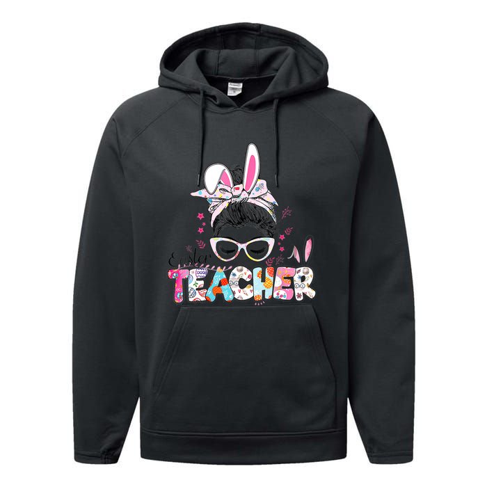 Bunny Messy Bun Easter Teacher Easter Day Girl Wo Performance Fleece Hoodie