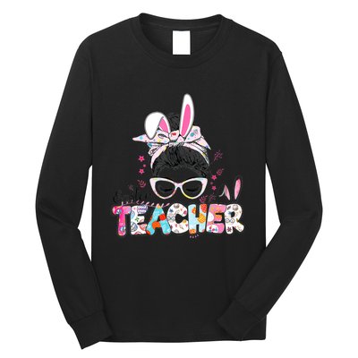 Bunny Messy Bun Easter Teacher Easter Day Girl Wo Long Sleeve Shirt