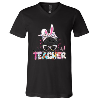 Bunny Messy Bun Easter Teacher Easter Day Girl Wo V-Neck T-Shirt