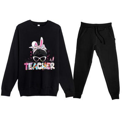 Bunny Messy Bun Easter Teacher Easter Day Girl Wo Premium Crewneck Sweatsuit Set