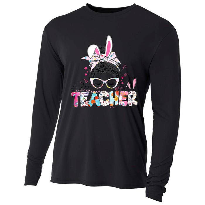 Bunny Messy Bun Easter Teacher Easter Day Girl Wo Cooling Performance Long Sleeve Crew