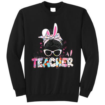 Bunny Messy Bun Easter Teacher Easter Day Girl Wo Tall Sweatshirt