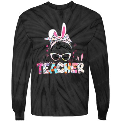 Bunny Messy Bun Easter Teacher Easter Day Girl Wo Tie-Dye Long Sleeve Shirt