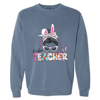 Bunny Messy Bun Easter Teacher Easter Day Girl Wo Garment-Dyed Sweatshirt