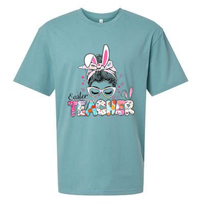 Bunny Messy Bun Easter Teacher Easter Day Girl Wo Sueded Cloud Jersey T-Shirt