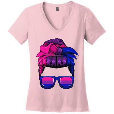 Bisexual Messy Bun LGBTQ Cool Subtle Bi Pride Flag Colors Women's V-Neck T-Shirt