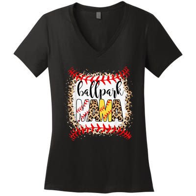 Ballpark Mama Ball Happy Mothers Day Bleached Women's V-Neck T-Shirt